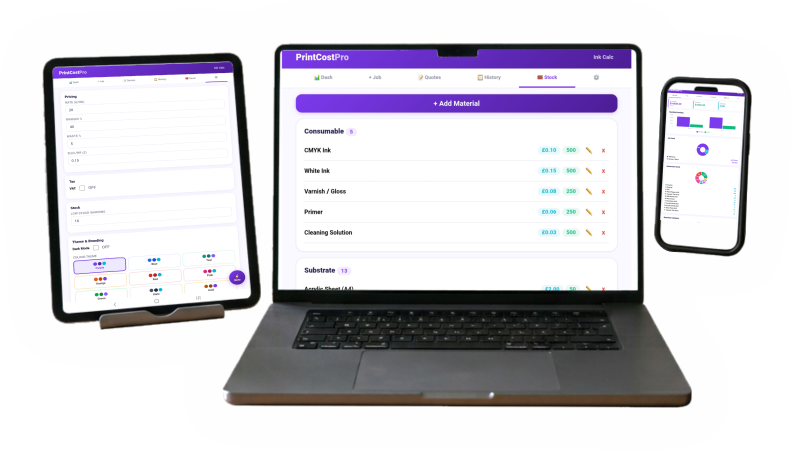 PrintCost Pro on a tablet, a laptop and a phone